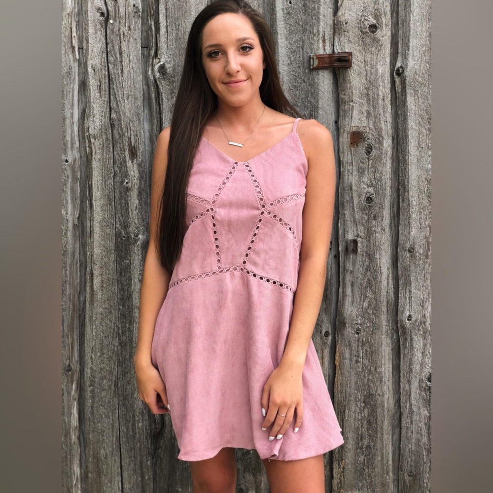 Pink Corduroy Eyelet Spaghetti Strap Dress